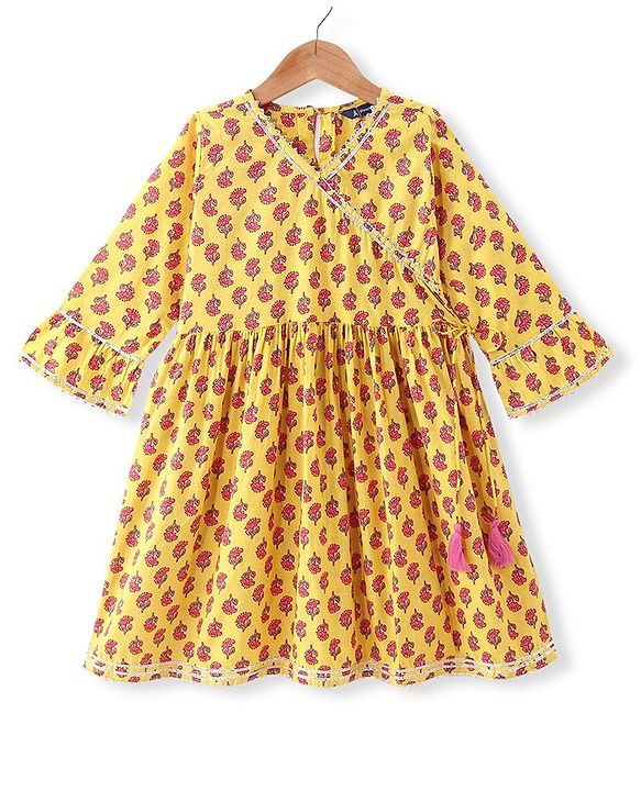 Pine Kids Cotton Woven Three Fourth  Sleeves Kurti & Salwar with Dupatta Floral Print - Yellow