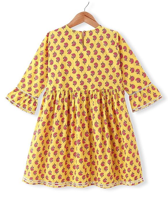 Pine Kids Cotton Woven Three Fourth  Sleeves Kurti & Salwar with Dupatta Floral Print - Yellow