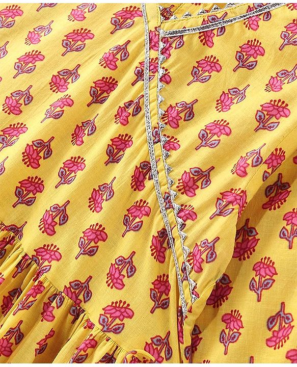 Pine Kids Cotton Woven Three Fourth  Sleeves Kurti & Salwar with Dupatta Floral Print - Yellow