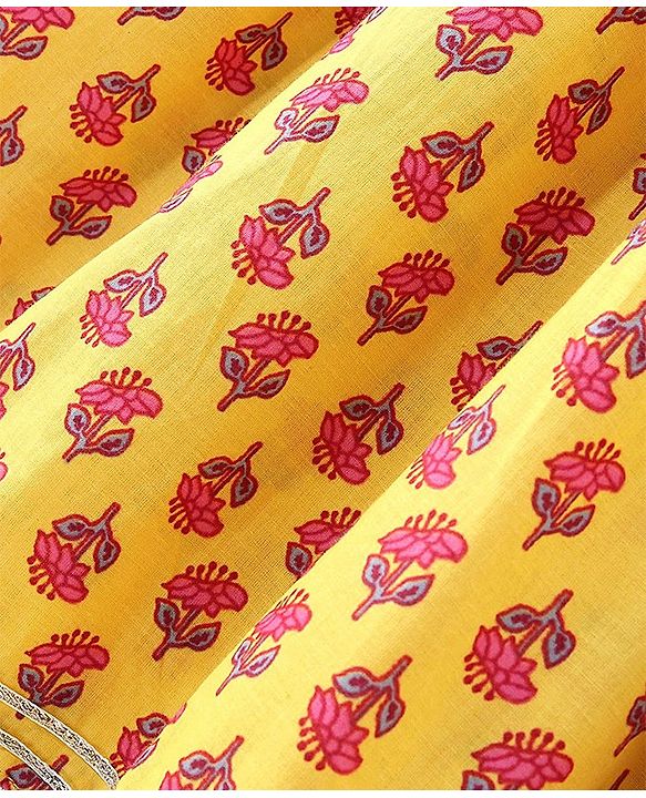 Pine Kids Cotton Woven Three Fourth  Sleeves Kurti & Salwar with Dupatta Floral Print - Yellow