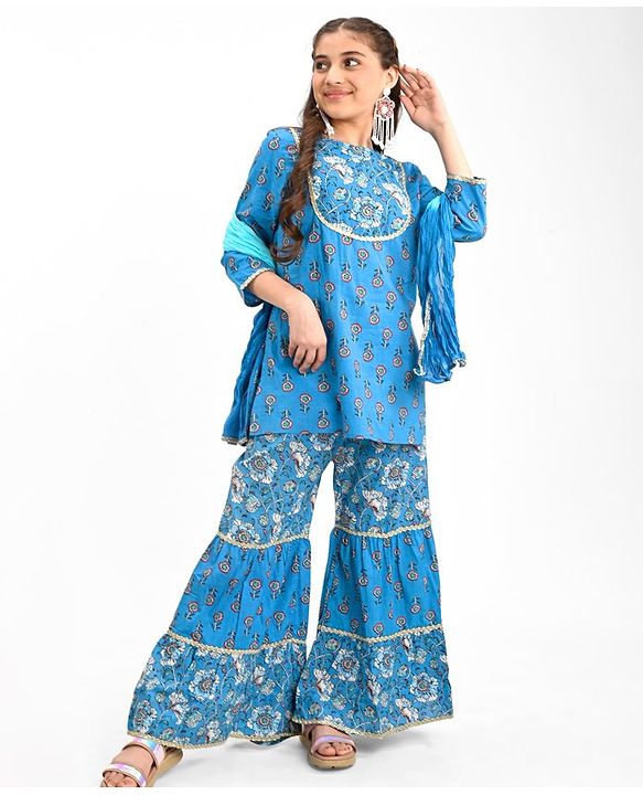Pine Kids 100% Cotton Woven Three Fourth Sleeves Flower Printed Kurti & Churidar Set with Dupatta - Blue