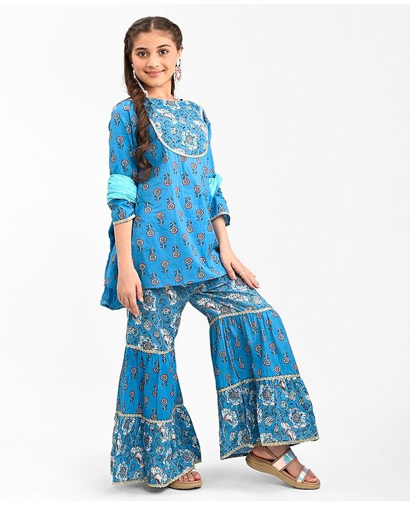 Pine Kids 100% Cotton Woven Three Fourth Sleeves Flower Printed Kurti & Churidar Set with Dupatta - Blue