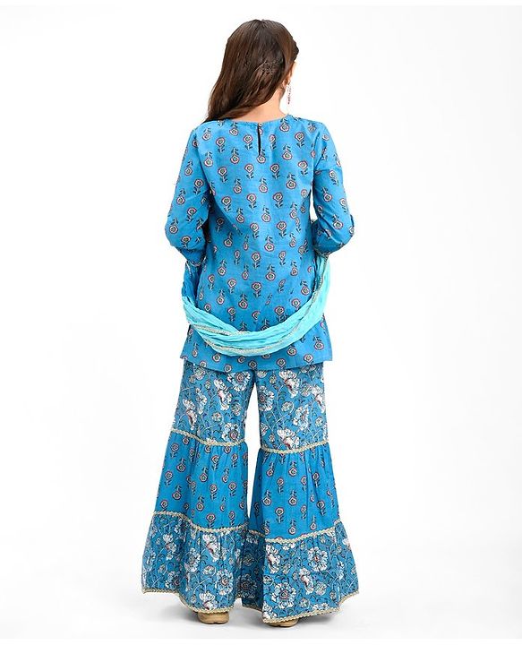 Pine Kids 100% Cotton Woven Three Fourth Sleeves Flower Printed Kurti & Churidar Set with Dupatta - Blue