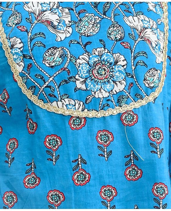 Pine Kids 100% Cotton Woven Three Fourth Sleeves Flower Printed Kurti & Churidar Set with Dupatta - Blue