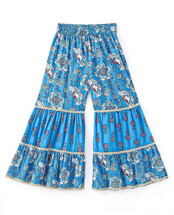 Pine Kids 100% Cotton Woven Three Fourth Sleeves Flower Printed Kurti & Churidar Set with Dupatta - Blue