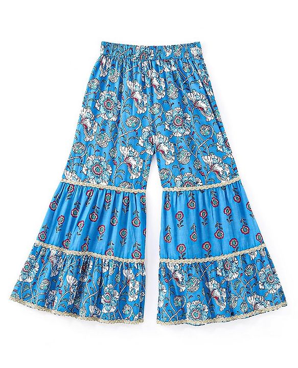 Pine Kids 100% Cotton Woven Three Fourth Sleeves Flower Printed Kurti & Churidar Set with Dupatta - Blue