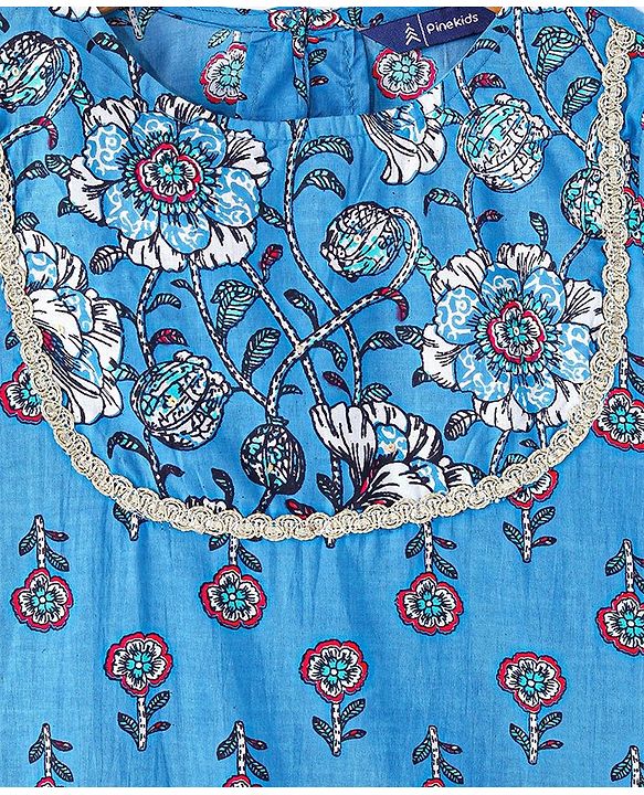 Pine Kids 100% Cotton Woven Three Fourth Sleeves Flower Printed Kurti & Churidar Set with Dupatta - Blue