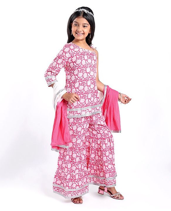 Pine Kids 100% Cotton Sleeveless Kurti & Salwar With Dupatta Set Floral Print - White & Pink
