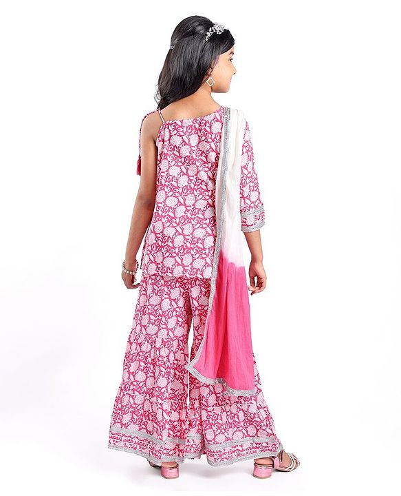 Pine Kids 100% Cotton Sleeveless Kurti & Salwar With Dupatta Set Floral Print - White & Pink