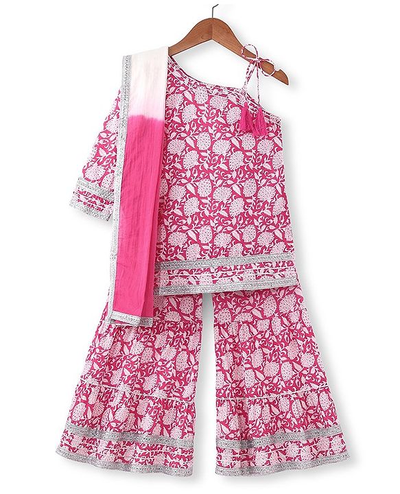 Pine Kids 100% Cotton Sleeveless Kurti & Salwar With Dupatta Set Floral Print - White & Pink