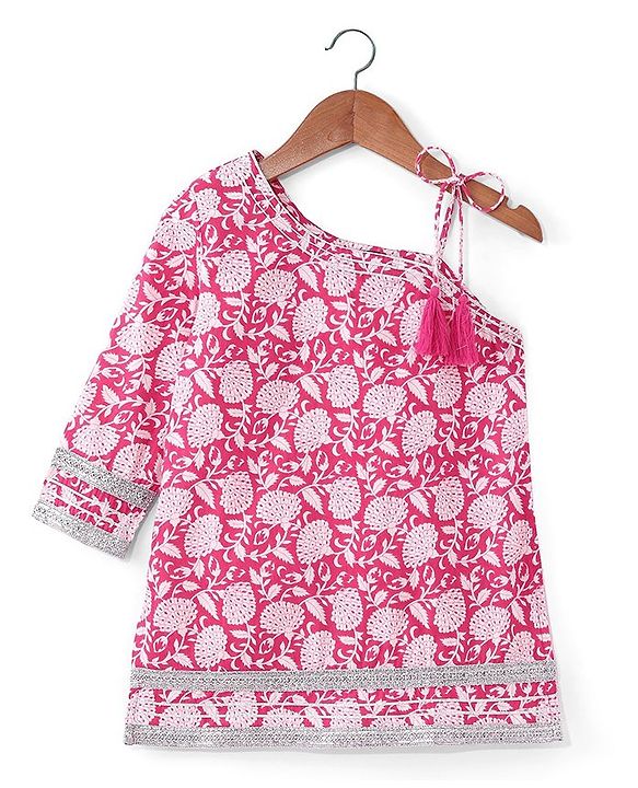 Pine Kids 100% Cotton Sleeveless Kurti & Salwar With Dupatta Set Floral Print - White & Pink