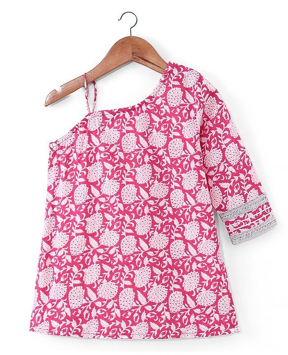 Pine Kids 100% Cotton Sleeveless Kurti & Salwar With Dupatta Set Floral Print - White & Pink