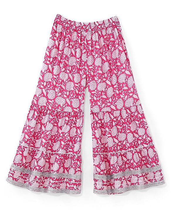Pine Kids 100% Cotton Sleeveless Kurti & Salwar With Dupatta Set Floral Print - White & Pink