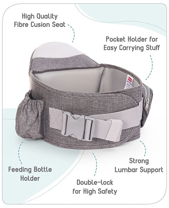Babyhug Independent 2-in-1 Hip Seat Carrier: Front & back carrying positions, Padded seat for comfort, Adjustable waist belt, Side storage pockets, Supports up to 15kg, Easy weight distribution for parents comfort- Grey