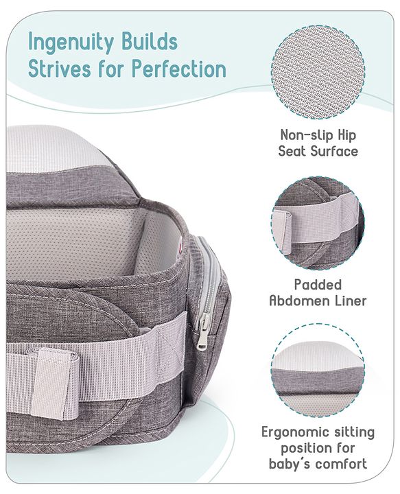 Babyhug Independent 2-in-1 Hip Seat Carrier: Front & back carrying positions, Padded seat for comfort, Adjustable waist belt, Side storage pockets, Supports up to 15kg, Easy weight distribution for parents comfort- Grey