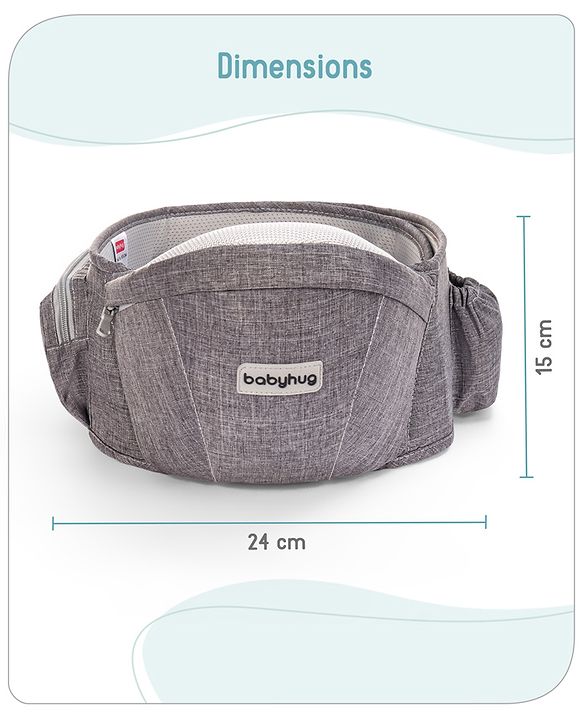 Babyhug Independent 2-in-1 Hip Seat Carrier: Front & back carrying positions, Padded seat for comfort, Adjustable waist belt, Side storage pockets, Supports up to 15kg, Easy weight distribution for parents comfort- Grey
