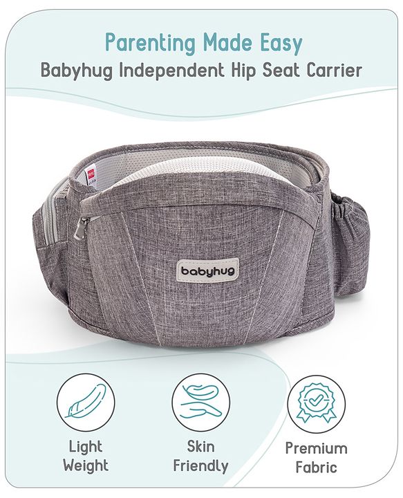 Babyhug Independent 2-in-1 Hip Seat Carrier: Front & back carrying positions, Padded seat for comfort, Adjustable waist belt, Side storage pockets, Supports up to 15kg, Easy weight distribution for parents comfort- Grey