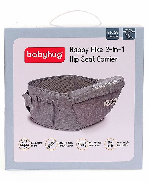 Babyhug Independent 2-in-1 Hip Seat Carrier: Front & back carrying positions, Padded seat for comfort, Adjustable waist belt, Side storage pockets, Supports up to 15kg, Easy weight distribution for parents comfort- Grey