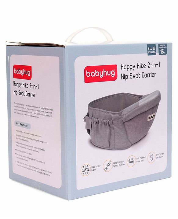Babyhug Independent 2-in-1 Hip Seat Carrier: Front & back carrying positions, Padded seat for comfort, Adjustable waist belt, Side storage pockets, Supports up to 15kg, Easy weight distribution for parents comfort- Grey