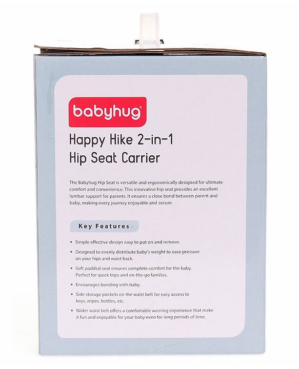 Babyhug Independent 2-in-1 Hip Seat Carrier: Front & back carrying positions, Padded seat for comfort, Adjustable waist belt, Side storage pockets, Supports up to 15kg, Easy weight distribution for parents comfort- Grey