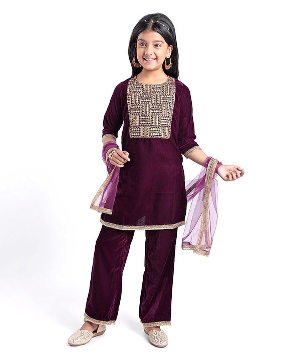 Pine Kids Velvet Woven Three Fourth Sleeves Embroidered Yoke Kurti Salwar Set with Dupatta - Maroon