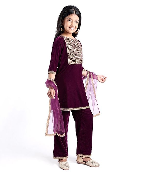 Pine Kids Velvet Woven Three Fourth Sleeves Embroidered Yoke Kurti Salwar Set with Dupatta - Maroon