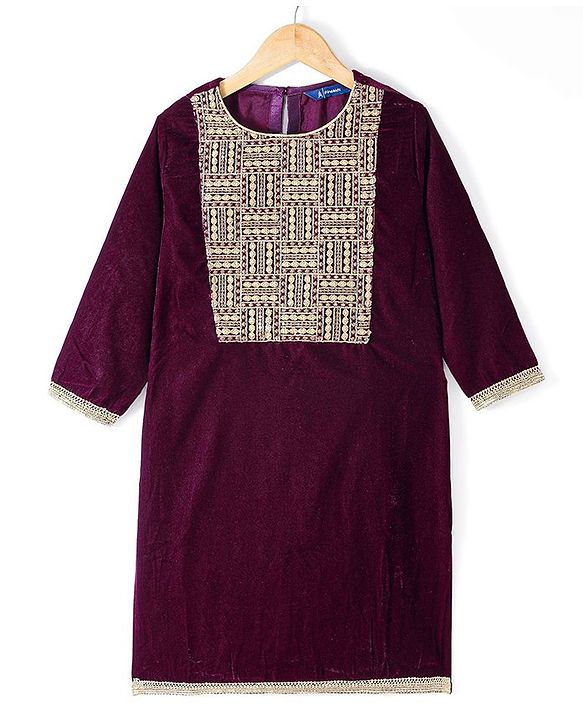 Pine Kids Velvet Woven Three Fourth Sleeves Embroidered Yoke Kurti Salwar Set with Dupatta - Maroon