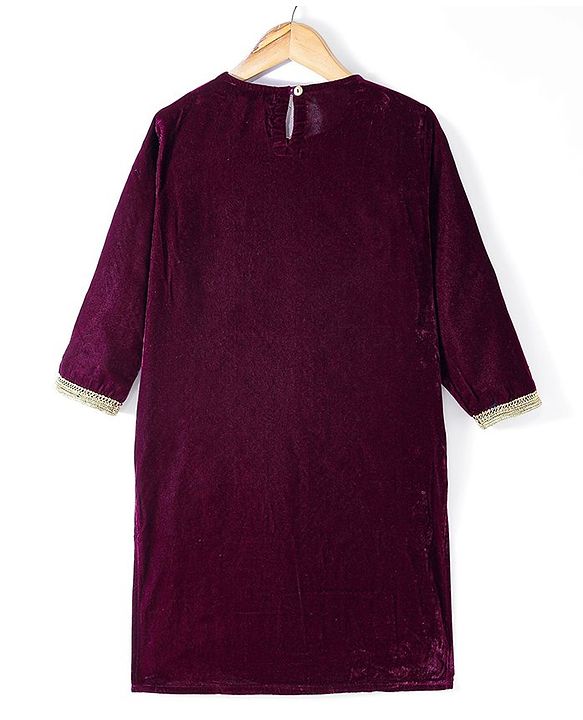 Pine Kids Velvet Woven Three Fourth Sleeves Embroidered Yoke Kurti Salwar Set with Dupatta - Maroon