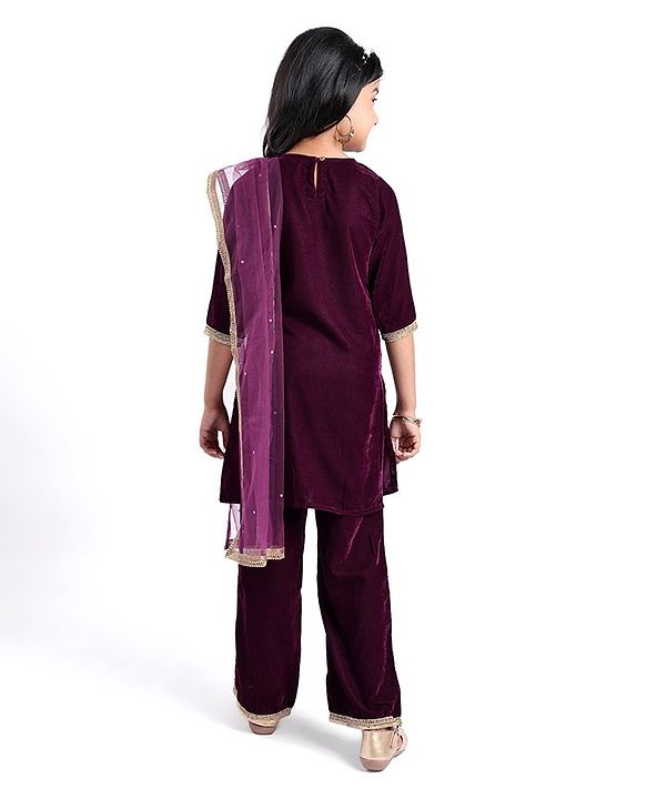 Pine Kids Velvet Woven Three Fourth Sleeves Embroidered Yoke Kurti Salwar Set with Dupatta - Maroon