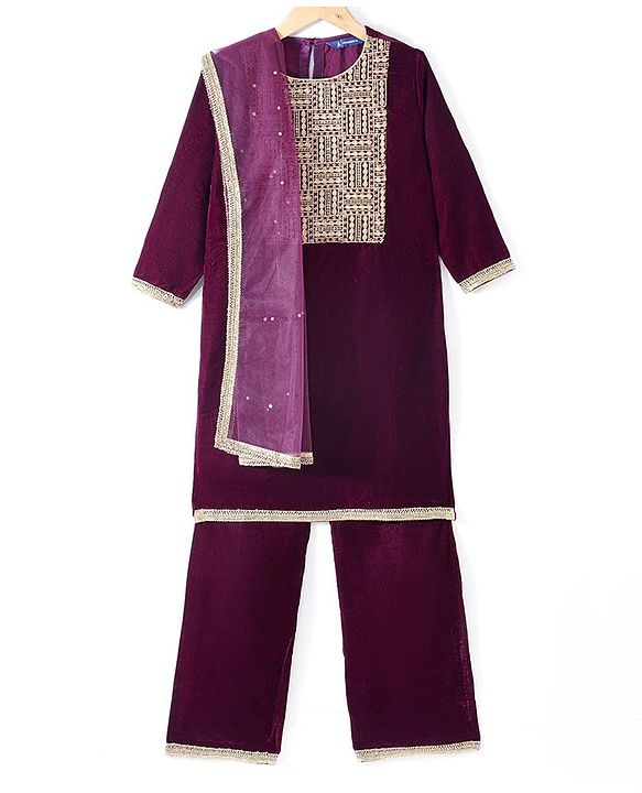 Pine Kids Velvet Woven Three Fourth Sleeves Embroidered Yoke Kurti Salwar Set with Dupatta - Maroon