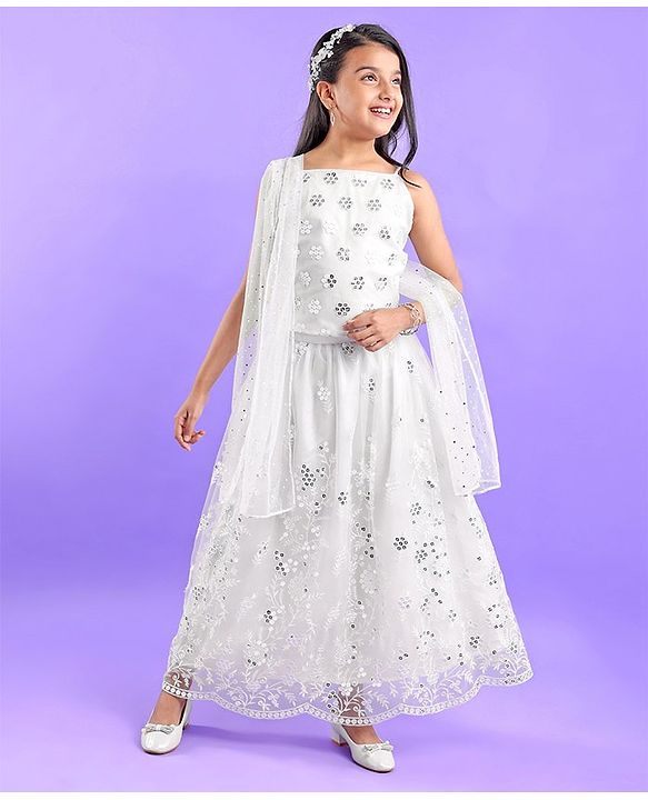 Pine Kids Sleeveless Embroidered Lehanga Choli - White