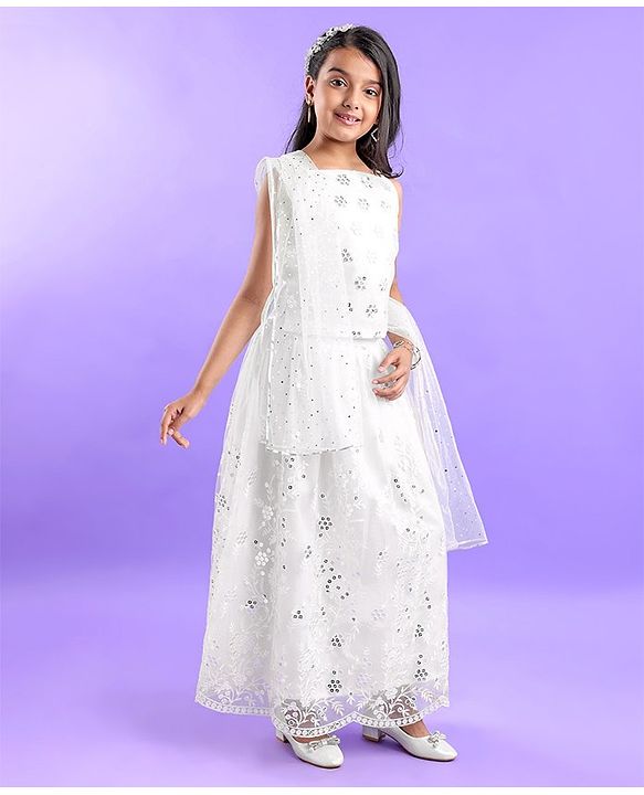 Pine Kids Sleeveless Embroidered Lehanga Choli - White
