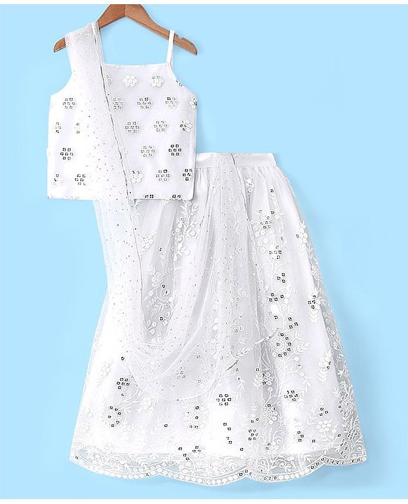 Pine Kids Sleeveless Embroidered Lehanga Choli - White