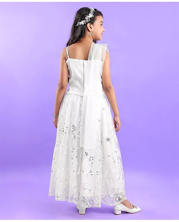 Pine Kids Sleeveless Embroidered Lehanga Choli - White