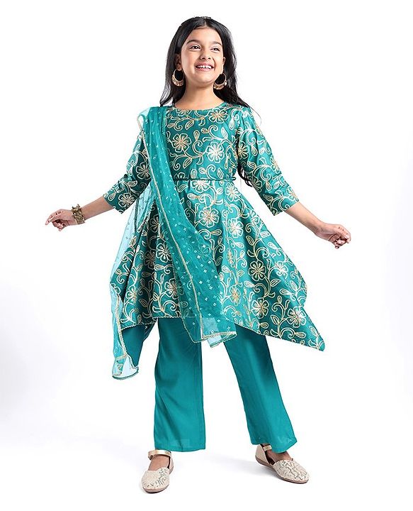 Pine Kids Woven Half Sleeves Floral Embroidered Kurti Churidar Set with Dupatta - Teal Green
