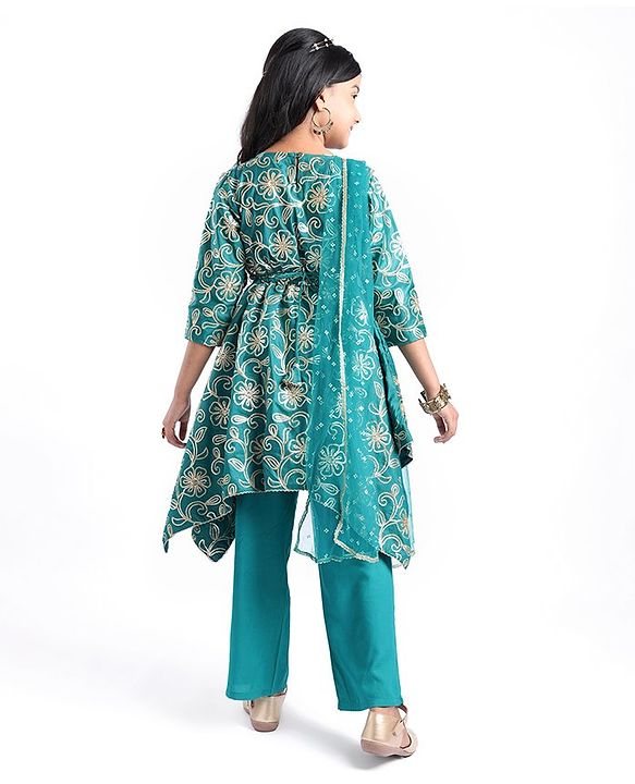 Pine Kids Woven Half Sleeves Floral Embroidered Kurti Churidar Set with Dupatta - Teal Green