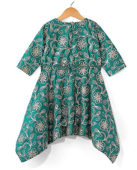Pine Kids Woven Half Sleeves Floral Embroidered Kurti Churidar Set with Dupatta - Teal Green