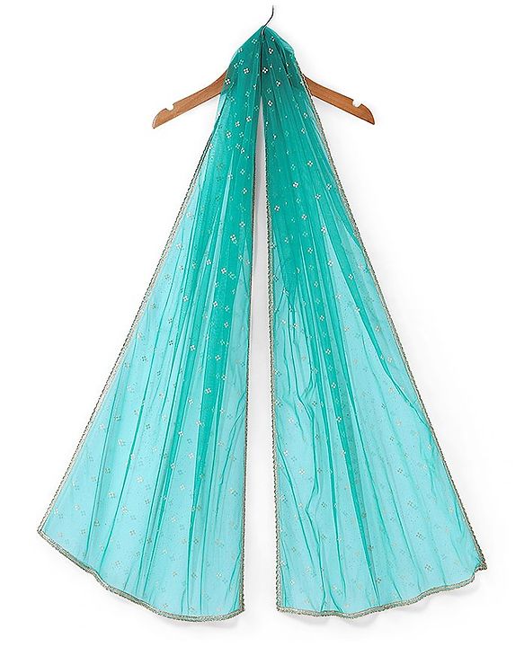 Pine Kids Woven Half Sleeves Floral Embroidered Kurti Churidar Set with Dupatta - Teal Green