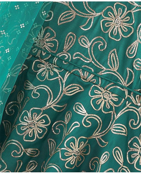 Pine Kids Woven Half Sleeves Floral Embroidered Kurti Churidar Set with Dupatta - Teal Green