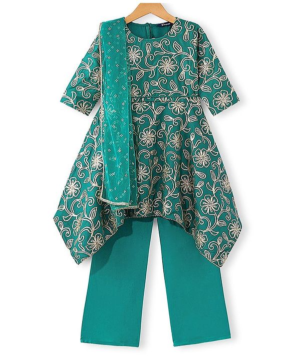 Pine Kids Woven Half Sleeves Floral Embroidered Kurti Churidar Set with Dupatta - Teal Green