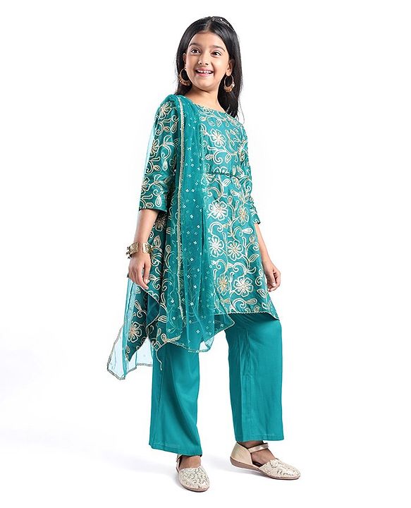 Pine Kids Woven Half Sleeves Floral Embroidered Kurti Churidar Set with Dupatta - Teal Green