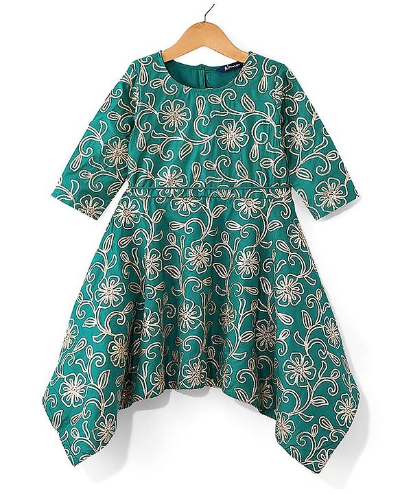 Pine Kids Woven Half Sleeves Floral Embroidered Kurti Churidar Set with Dupatta - Teal Green