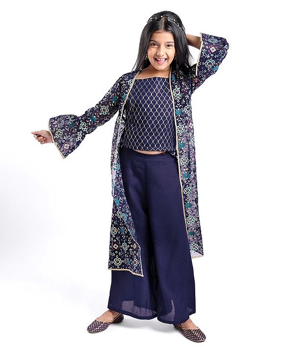 Pine Kids Woven Top & Palazzo set with Floral Printed Full Sleeves Jacket -Blue