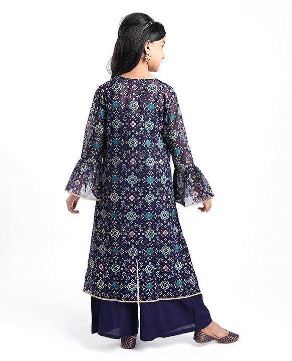 Pine Kids Woven Top & Palazzo set with Floral Printed Full Sleeves Jacket -Blue