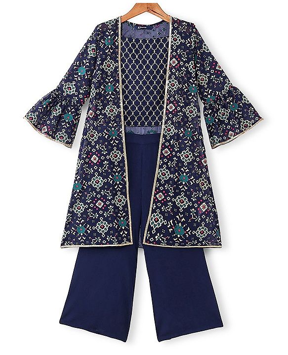 Pine Kids Woven Top & Palazzo set with Floral Printed Full Sleeves Jacket -Blue