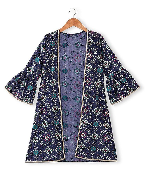 Pine Kids Woven Top & Palazzo set with Floral Printed Full Sleeves Jacket -Blue