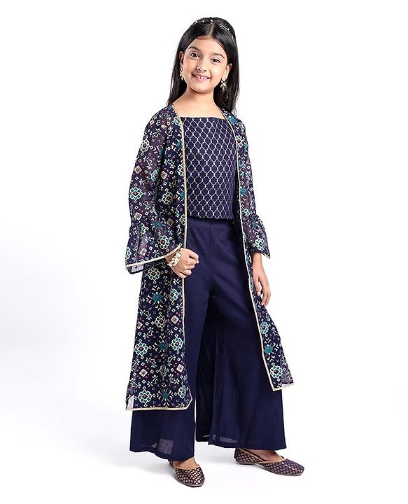 Pine Kids Woven Top & Palazzo set with Floral Printed Full Sleeves Jacket -Blue