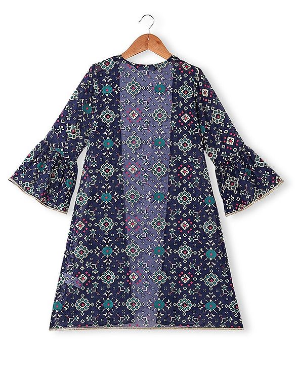 Pine Kids Woven Top & Palazzo set with Floral Printed Full Sleeves Jacket -Blue