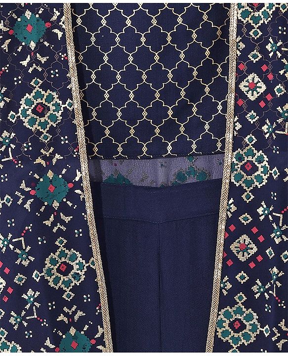 Pine Kids Woven Top & Palazzo set with Floral Printed Full Sleeves Jacket -Blue