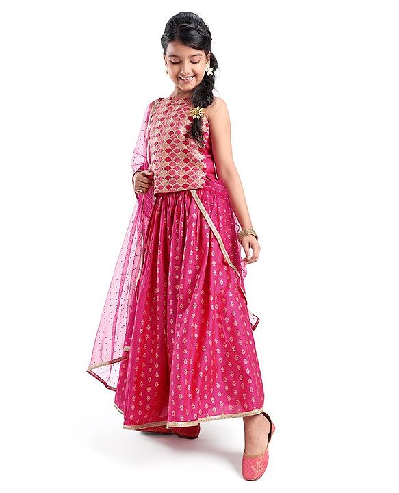 Pine Kids Woven Sleeveless Sequenced Choli & Dupatta With Foil Printed Lehenga Set- Dark Pink